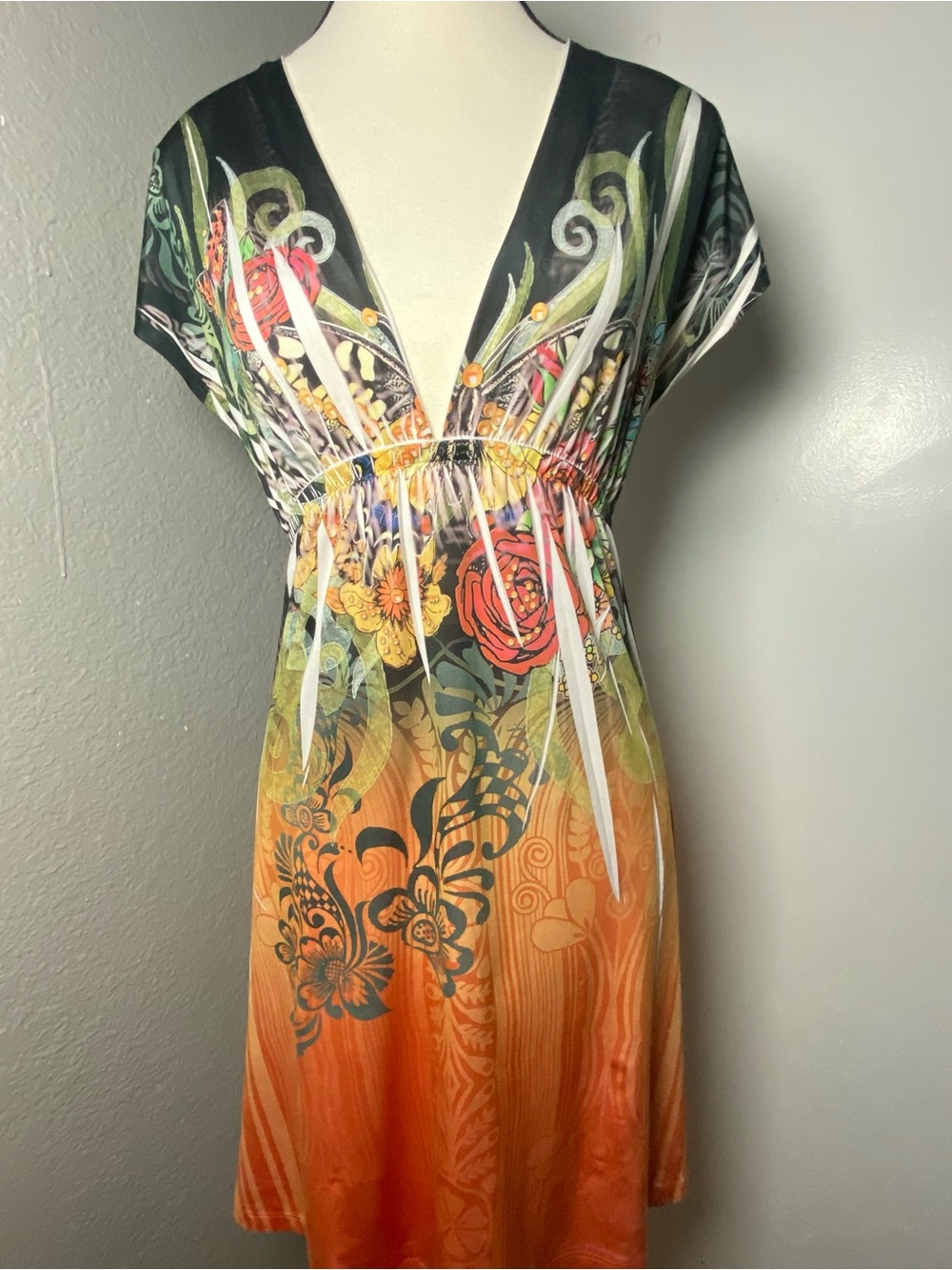 Y2K Fairy Orange & Black Multicolor Floral Butterfly V-neck Mini Dress Medium